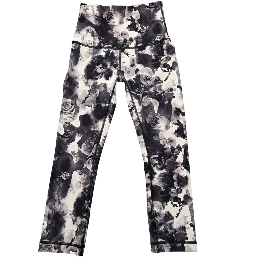 Lululemon Leggings Womens 4 Gray Floral Ankle High Rise Yoga Athletic Stretch